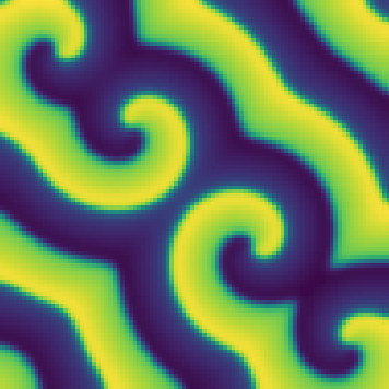 Dynamical Bestiary: 2D FitzHugh-Nagumo Equation with Spirals and Turing Patterns